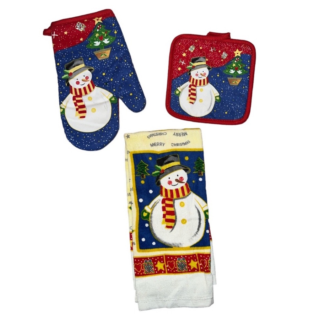 Emerald snowman trees merry Christmas kitchen towel and oven mitt 3pc set